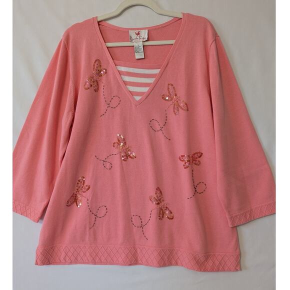 Quacker Factory Womens XL Butterfly Sequin Beaded Mellon Lightweight Sweater New - Picture 1 of 9